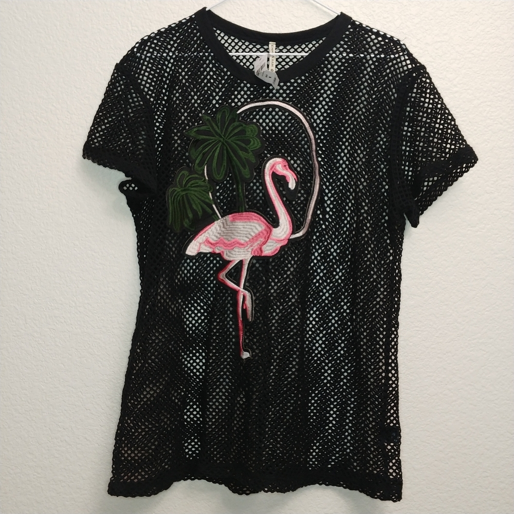 Emma & Sam flamingo applique mesh shirt/cover up